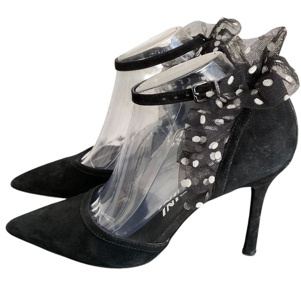 Gianni Bini Black‎ Suede Polka Dot Tulle Ruffle Ankle Strap Pumps Heels 8.5M